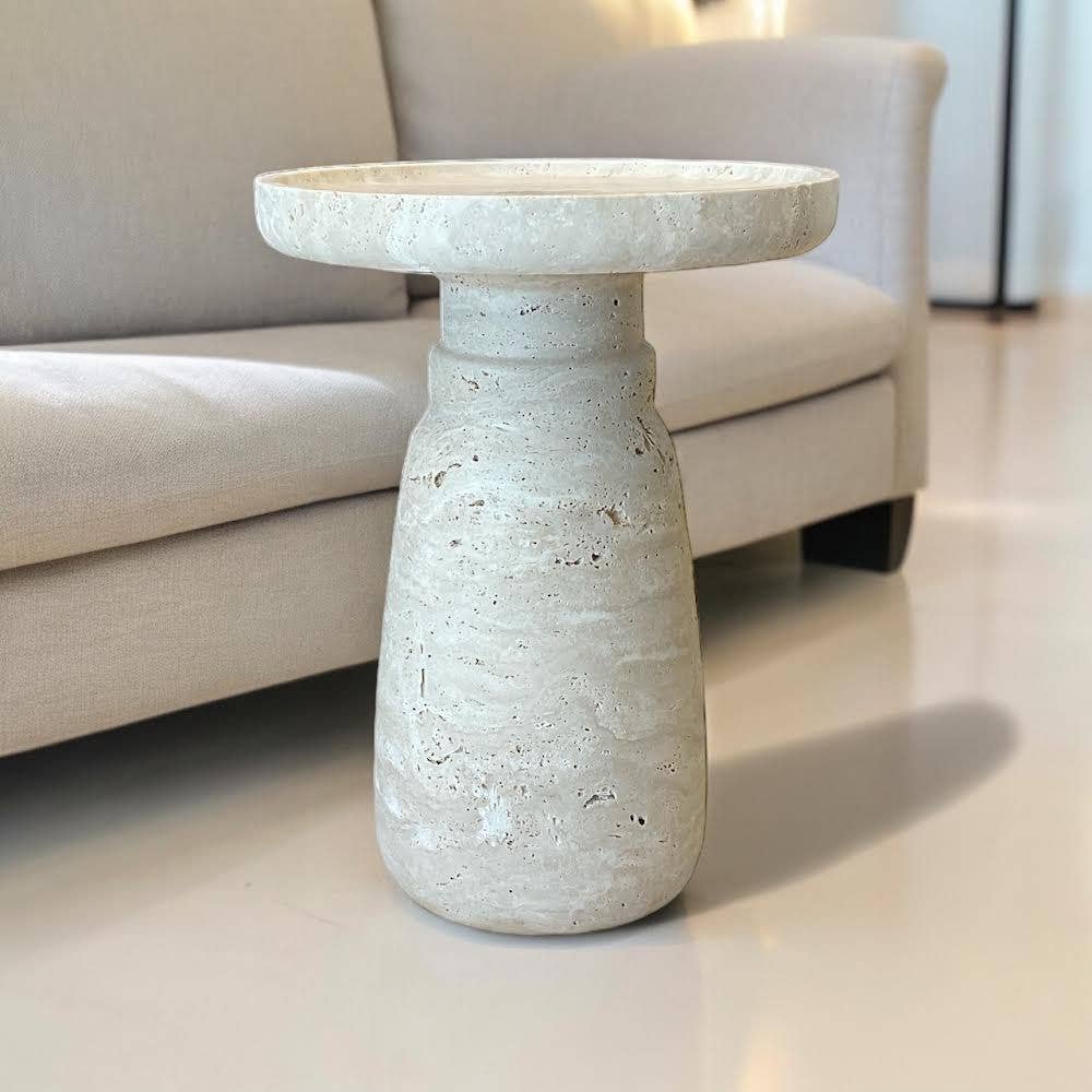 AUREA Side Table, Beige Travertine Stone Nightstand