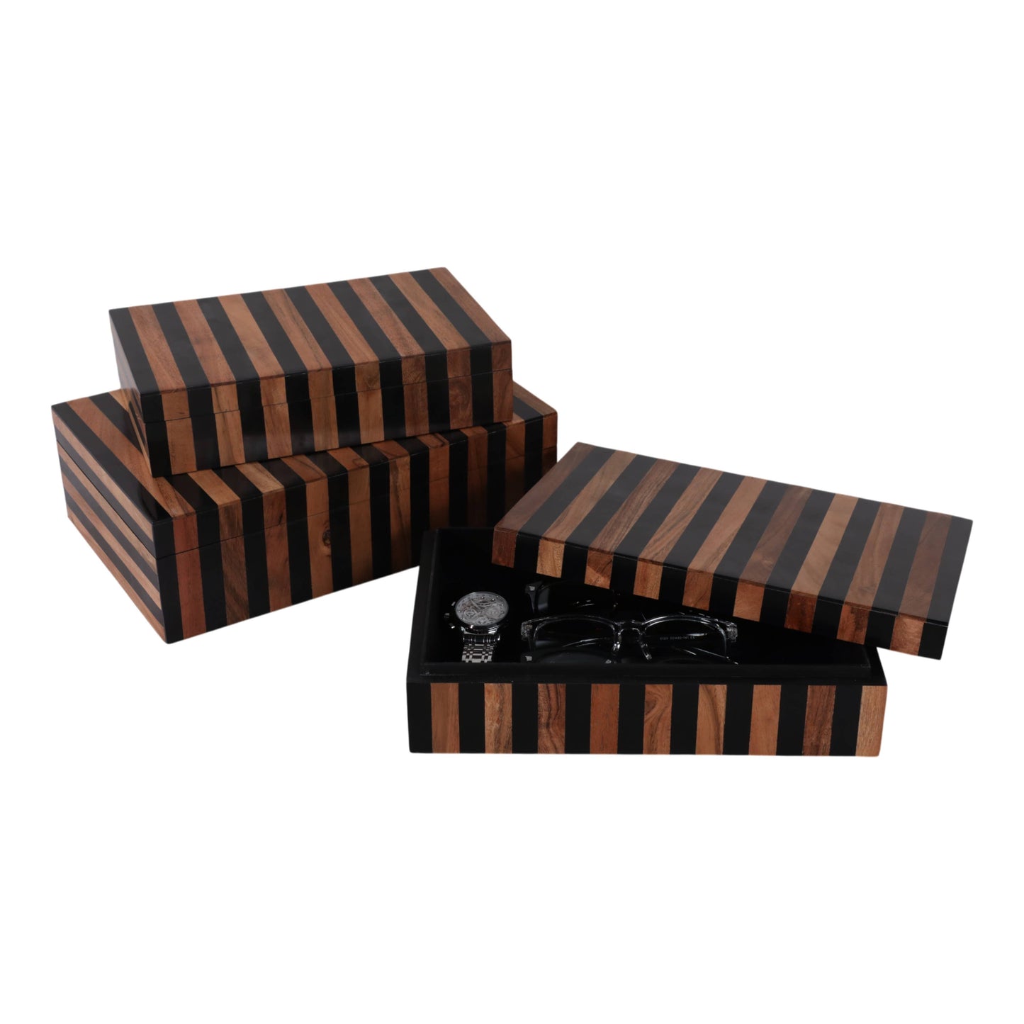 Resin Striped Decorative Boxes Set - Brown, 10/11/12 in.