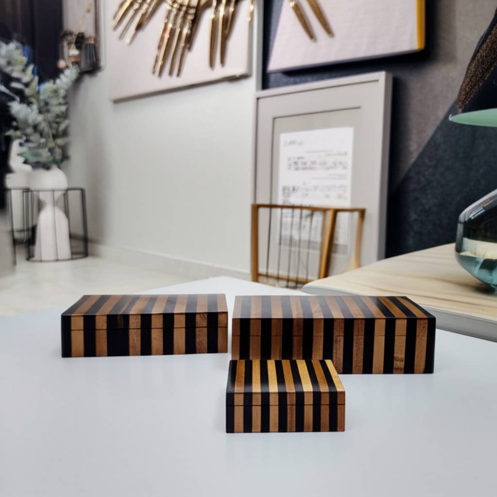 Resin Striped Decorative Boxes Set - Brown, 10/11/12 in.