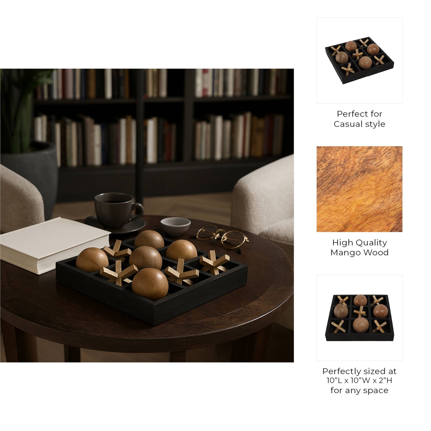 Board Game - Black Wood Tic Tac Toe, 10x10 in.